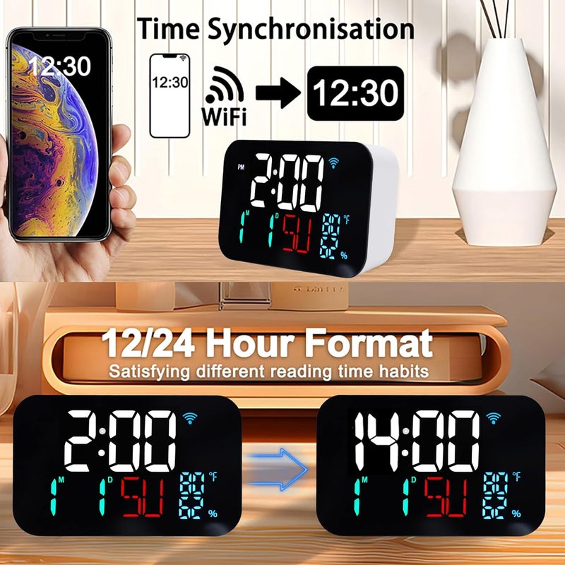 Luocute WiFi Smart Clock, Weather Station Alarm Date Day Large Display Brightness Adjustable Thermometer Humidity Digital Clock Compatible with Tuya Smart App, for Home Office (White Shell- White - Image 3